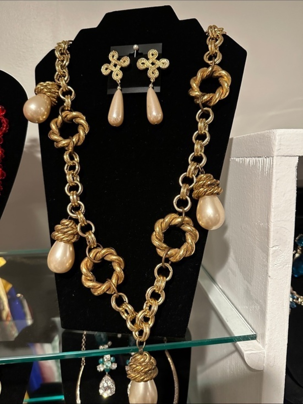 Vintage Knotted Gold and Cream Drop Earrings Elegant Pearls